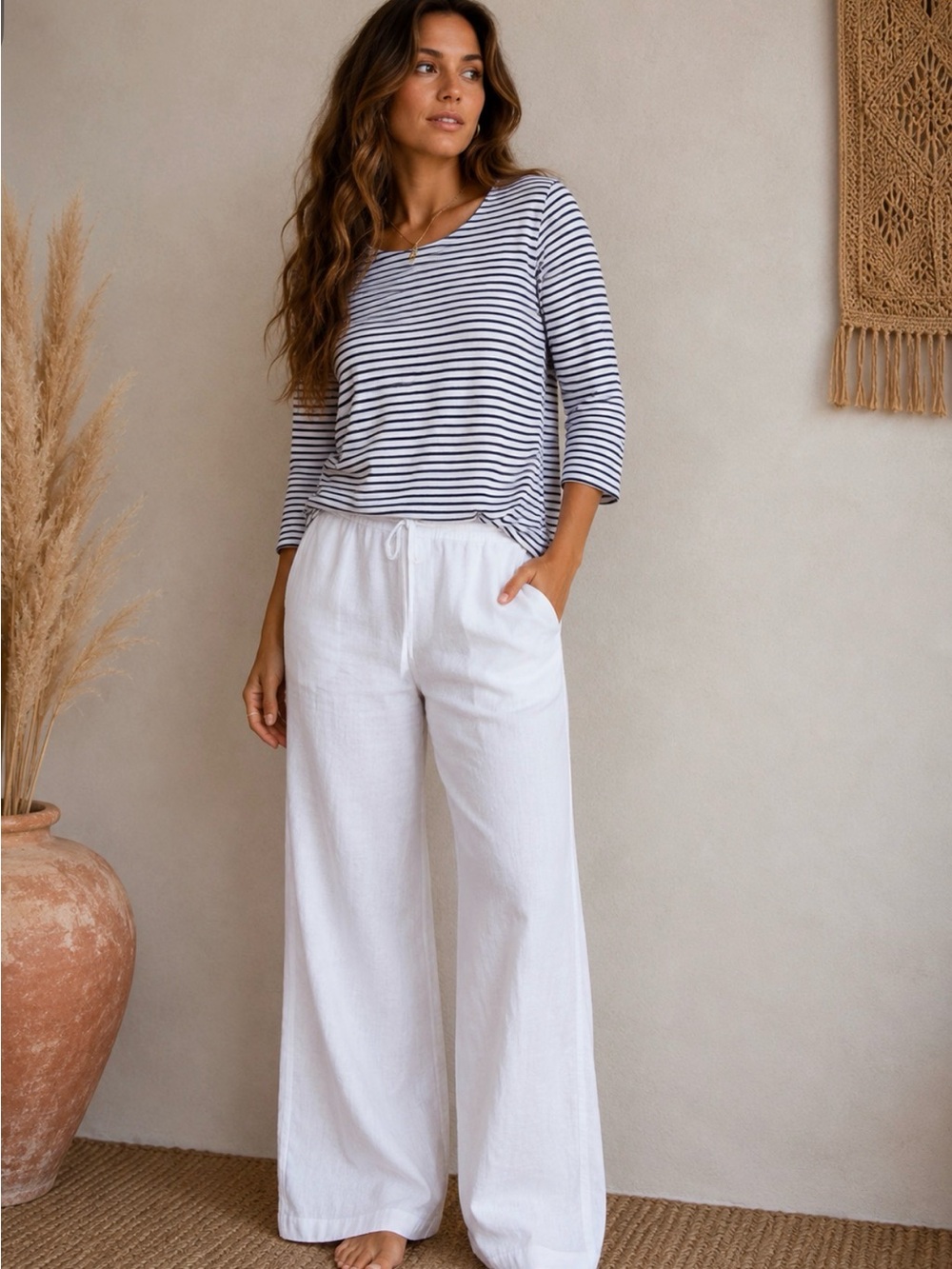 Chico's Navy and White Striped Long-Sleeve Tee Size 1/Medium